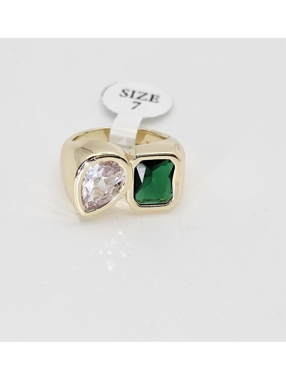 Emerald Green & Pear CZ Statement Ring Size 7 14K Gold Plated Chunky Pinky Ring